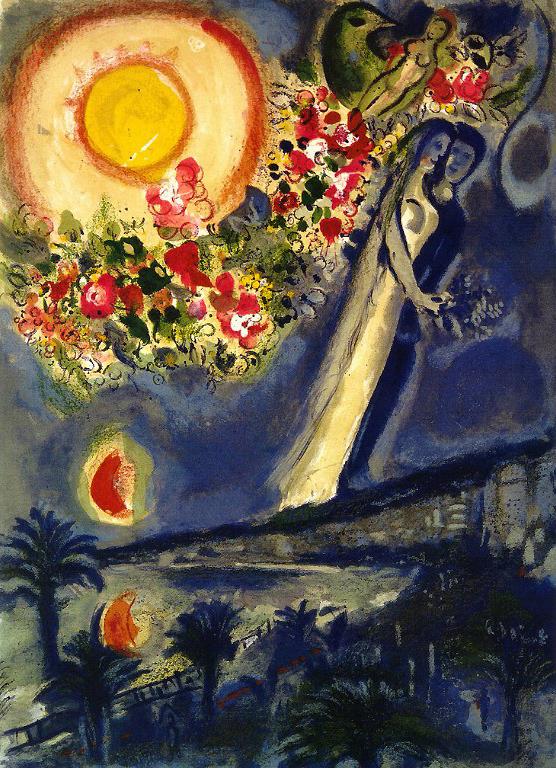 Les amoureux dans le ciel niçois contemporain de Marc Chagall Peintures à l'huile